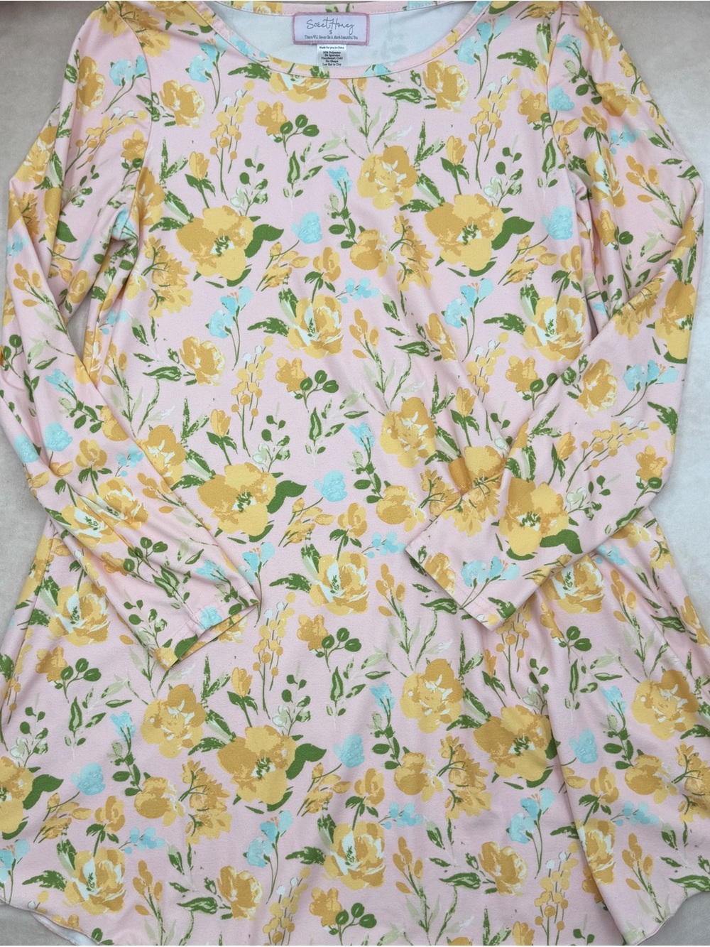 SweetHoney Pink Floral Long-Sleeve Nightgown with Yellow Blossoms